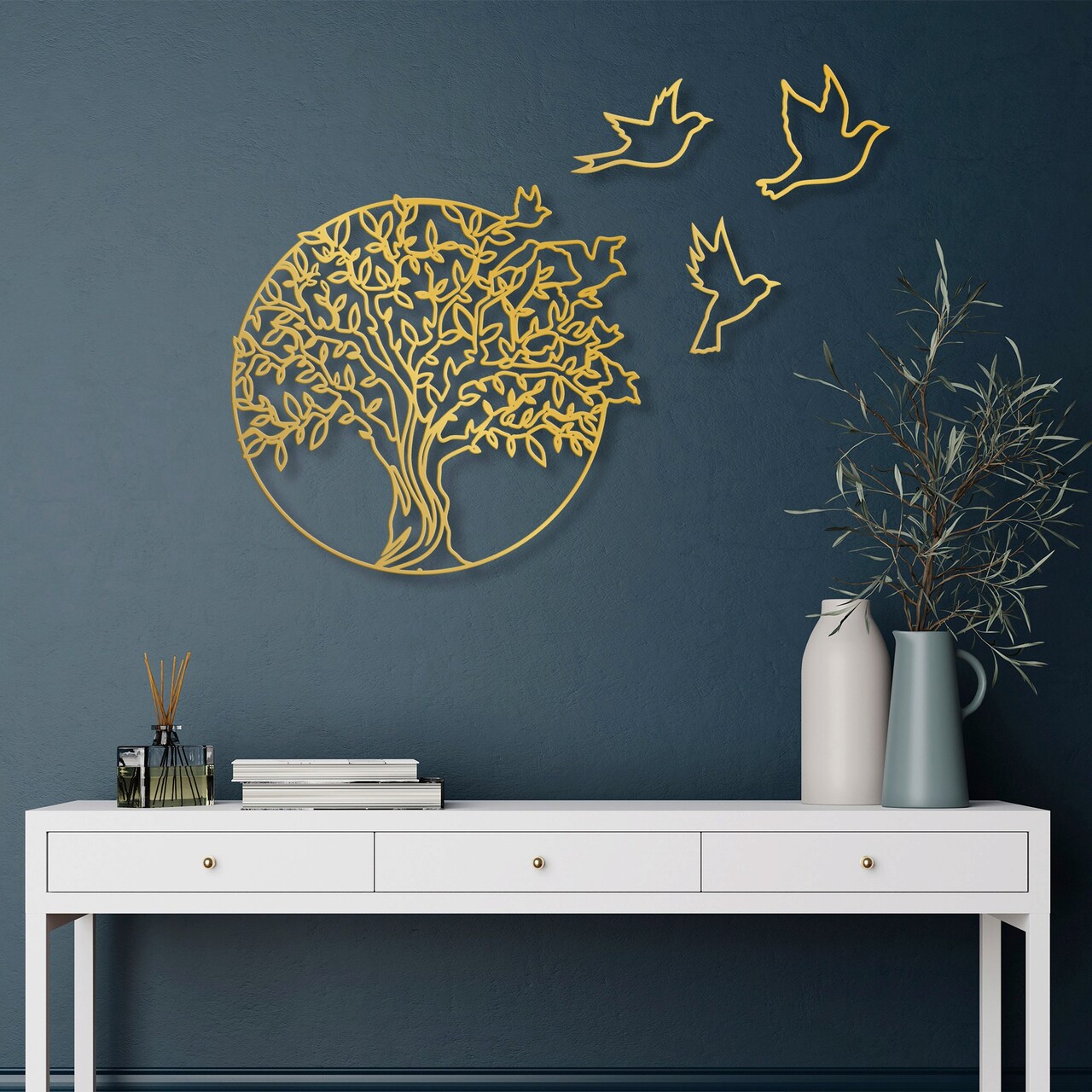 Decoratiune de perete, Tree And Birds 4, Dimensiune: 61 x 56 cm, Auriu - imagine 7